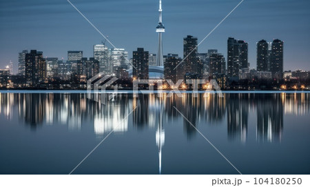 Panoramic skyline and modern commercial buildings with empty asphalt road. AI Generative. 104180250