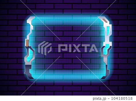 Futuristic metallic frame on the wall with neon glow and transparent scree with grid. Cyberpunk neon screen with steel border. Futuristic metallic frame on the wall with neon glow and transparent scree with grid. Cyberpunk neon screen with steel border. 104180518