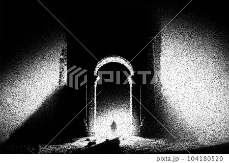 Ancient ruins in sci-fi scene with dotwork retro style. Mysterious gate debris with dramatic lights and retro texture 104180520