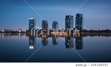 Panoramic skyline and modern commercial buildings with empty asphalt road. AI Generative. 104180587
