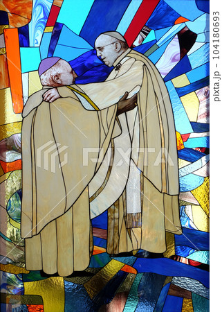 Pope Francis, stained glass window in St Paul's Cathedral in Tirana, Albania 104180693