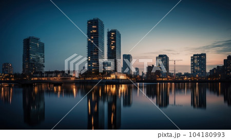 Panoramic skyline and modern commercial buildings with empty asphalt road. AI Generative. 104180993