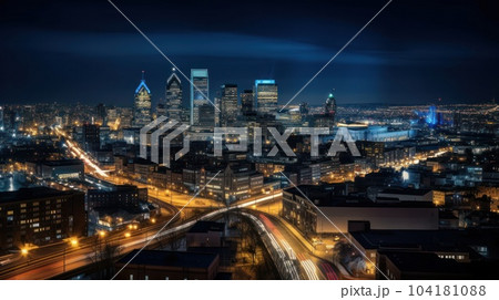 Panoramic skyline and modern commercial buildings with empty asphalt road. AI Generative. 104181088