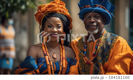 Beautiful african american woman in traditional dress and handsome black man smiling and looking at camera.AI Generative 104181100