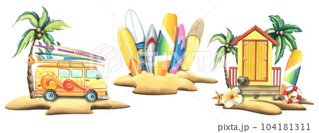 A yellow van with surfboards and beach cabin on a sandy island with a coconut palm. Watercolor illustration hand drawn. Isolated compositions on a white background. 104181311