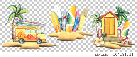 A yellow van with surfboards and beach cabin on a sandy island with a coconut palm. Watercolor illustration hand drawn. Isolated compositions on a white background. 104181311