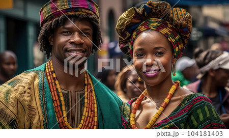 Beautiful african american woman in traditional dress and handsome black man smiling and looking at camera.AI Generative 104181403
