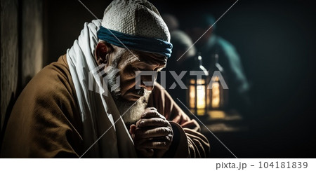 Photo from the side. Muslim Arab man praying in the mosque with his eyes closed. Religion and Prayer during holy month. Generative AI. 104181839