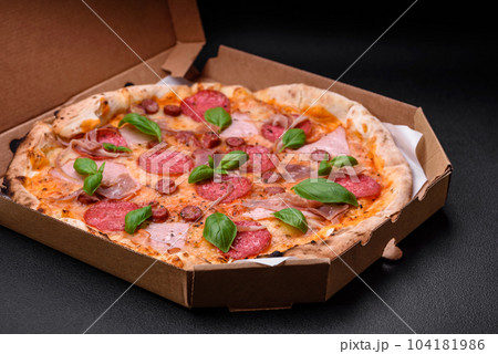 Delicious fresh oven baked pizza with salami, meat, cheese, tomatoes Delicious fresh oven baked pizza with salami, meat, cheese, tomatoes 104181986