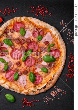 Delicious fresh oven baked pizza with salami, meat, cheese, tomatoes 104182017