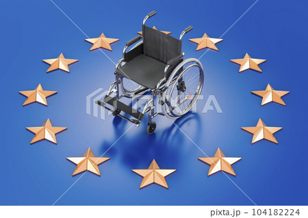 Wheelchair on the European Union flag. Disability in the European Union concept, 3D rendering 104182224