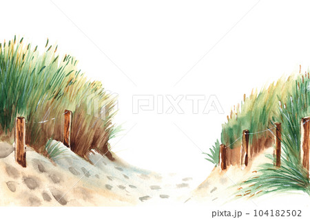Baltic sea beach with sand dunes, grass and wooden stakes. Hand drawn watercolor illustration. Baltic sea beach with sand dunes, grass and wooden stakes. Hand drawn watercolor illustration. 104182502