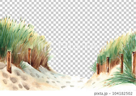 Baltic sea beach with sand dunes, grass and wooden stakes. Hand drawn watercolor illustration. Baltic sea beach with sand dunes, grass and wooden stakes. Hand drawn watercolor illustration. 104182502