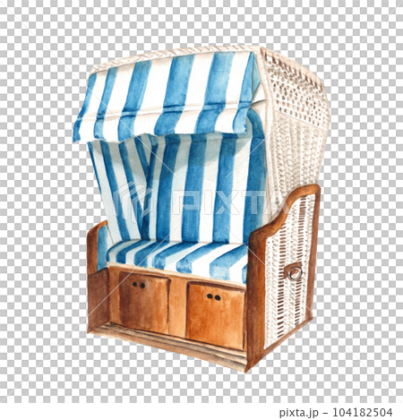 Hooded beach chair from baltic sea, Germany, isolated on white background. Hand drawn watercolor illustration. Hooded beach chair from baltic sea, Germany, isolated on white background. Hand drawn watercolor illustration. 104182504