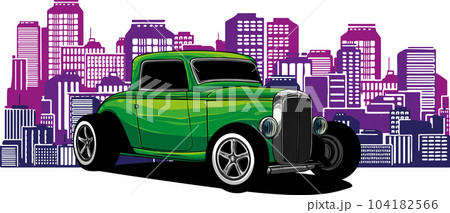 vector illustration of hot rod car with city in background 104182566