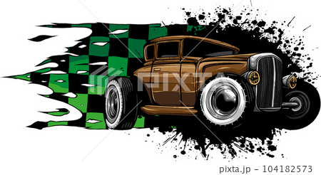 vector illustration of hot rod car with race flag 104182573
