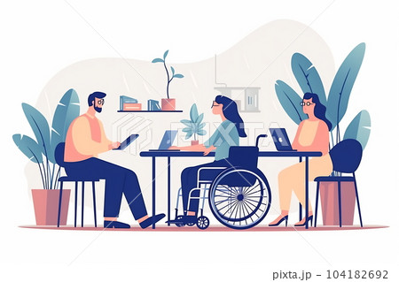A disabled peson is sitting in a wheelchair. Nearby are his colleagues. 2d illustration 104182692