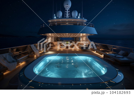 A beautiful shot of a pool on the yacht under a dark blue sky at night time 104182693