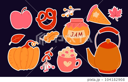 Autumn set of stickers, hand drawn elements- apple, jam, teapot, berries, marshmellow, pie, pumpkin. 104182908