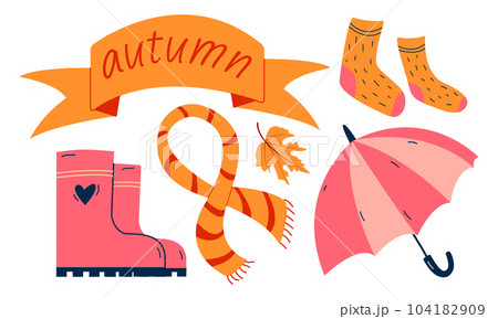 Autumn set, hand drawn elements- socks, rubber boots, scarf, umbrella, leaf. 104182909