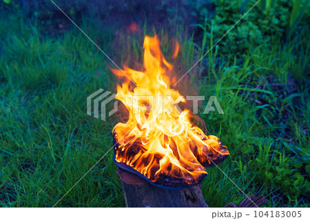 Burning leather sports shoes. Sneakers or gym shoes on fire stand on the Stump. Burning leather sports shoes. Sneakers or gym shoes on fire stand on the Stump. 104183005