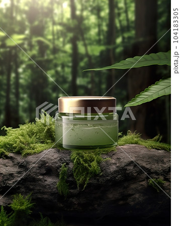 Cosmetic cream jar with lid mockup on green forest background with wooden bark, moss and leaves, beauty product container template Cosmetic cream jar with lid mockup on green forest background with wooden bark, moss and leaves, beauty product container template 104183305