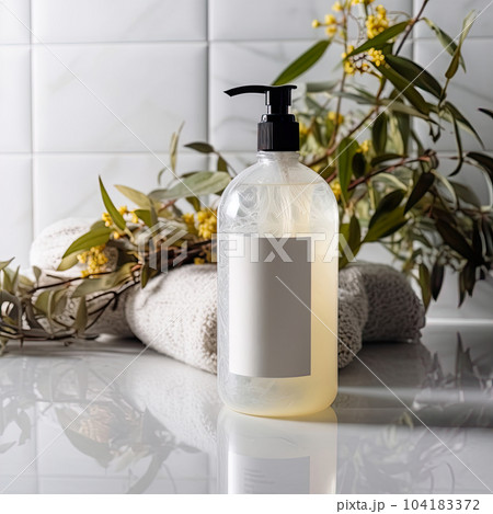 Shampoo bottle styled mockup, liquid soap pump bottle in home bathroom interior, body wash and care cosmetic product packaging mockup Shampoo bottle styled mockup, liquid soap pump bottle in home bathroom interior, body wash and care cosmetic product packaging mockup 104183372