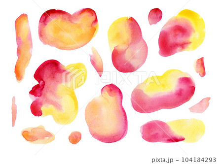 Set of bright vibrant pink and yellow watercolor stains and drop. Red and orange gradient watercolour blobs for decoration, poster, banner, greeting cards design, menstrual periods concept 104184293