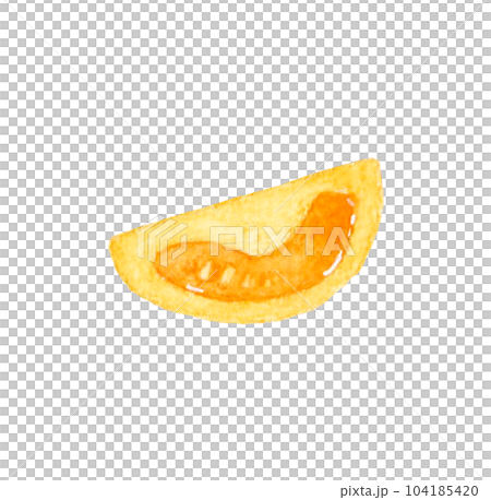 1/4にカットしたオレンジ色のプチトマト　夏野菜の手描き水彩イラスト素材 104185420