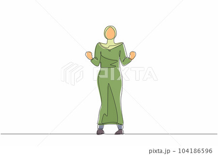 Single continuous line drawing happy Arabian businesswoman standing with both hands do gesture yes. Office worker celebrate success of company project. One line draw graphic design vector illustration Single continuous line drawing happy Arabian businesswoman standing with both hands do gesture yes. Office worker celebrate success of company project. One line draw graphic design vector illustration 104186596