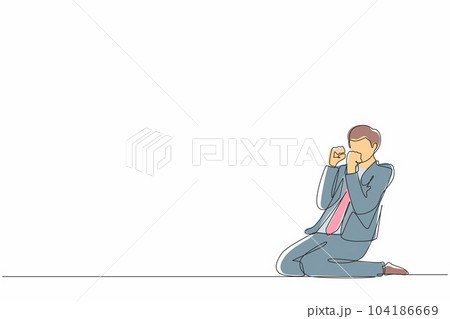 Single continuous line drawing happy businessman kneeling with gesture of both hands yes. Salesman celebrates salary increase and benefits from company. One line graphic design vector illustration Single continuous line drawing happy businessman kneeling with gesture of both hands yes. Salesman celebrates salary increase and benefits from company. One line graphic design vector illustration 104186669