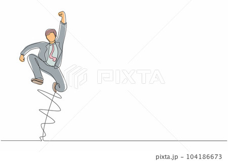 Single one line drawing happy businessman jump with folds one leg and raises one hand. Male manager celebrating success of increasing company product sales. Continuous line draw graphic design vector Single one line drawing happy businessman jump with folds one leg and raises one hand. Male manager celebrating success of increasing company product sales. Continuous line draw graphic design vector 104186673