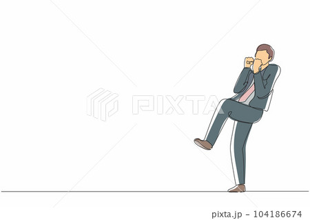 Continuous one line drawing happy businessman standing with fold one leg and do the yes gesture with both hands. Office worker celebrate success of company project. Single line draw design vector Continuous one line drawing happy businessman standing with fold one leg and do the yes gesture with both hands. Office worker celebrate success of company project. Single line draw design vector 104186674