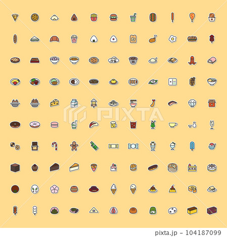 ミニミニ食べ物飲み物ステッカー風イラストアイコンセット 104187099