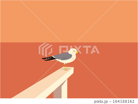 夕暮れの海辺で、白い桟橋に止まっている一羽のウミネコのイラスト 夕暮れの海辺で、白い桟橋に止まっている一羽のウミネコのイラスト 104188162
