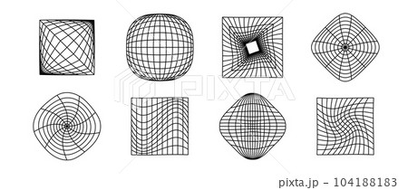 Cubes and spheres wireframe collection. Geometric surface grid of different shape. Distorted perspective planes and object set. Vector geometric element bundle for posters, flyers, collages, templates 104188183