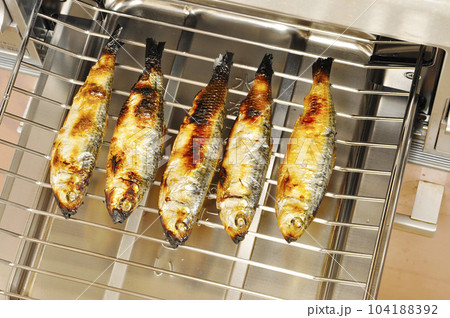 焼いた魚をグリルから取り出す 104188392