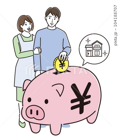 ぶたの貯金箱とマイホームのために貯金する夫婦 ぶたの貯金箱とマイホームのために貯金する夫婦 104188707