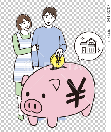 ぶたの貯金箱とマイホームのために貯金する夫婦 ぶたの貯金箱とマイホームのために貯金する夫婦 104188707