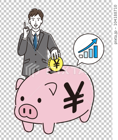 ぶたの貯金箱とポイントポーズをするビジネスマン 104188710