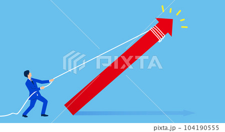 矢印を引き上げる男性のイラスト、アップのコンセプトイメージ、ベクター 矢印を引き上げる男性のイラスト、アップのコンセプトイメージ、ベクター 104190555