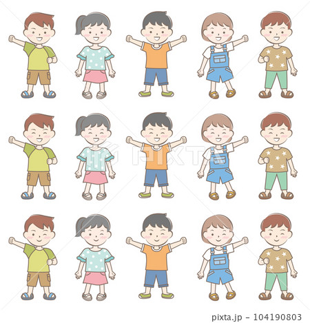 半袖の服を着た笑顔の子供たち　夏　全身 104190803