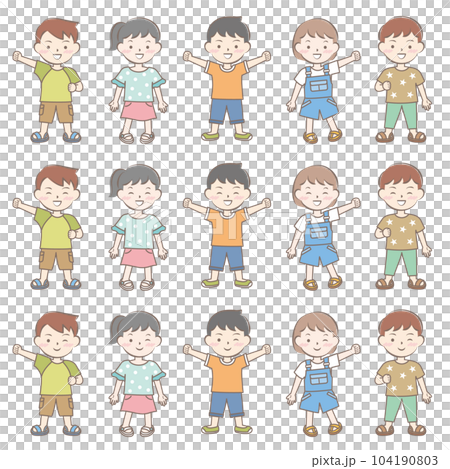 Smiling children wearing short-sleeved clothes, summer, whole body Smiling children wearing short-sleeved clothes, summer, whole body 104190803