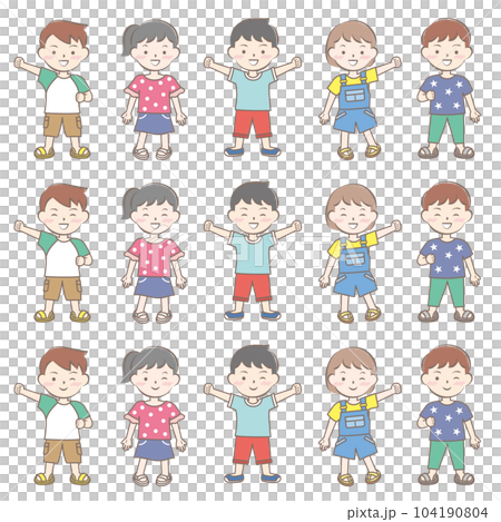 Smiling children wearing short-sleeved clothes, summer, whole body Smiling children wearing short-sleeved clothes, summer, whole body 104190804