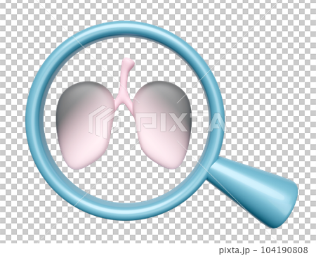 3d black lungs with magnifying glass isolated  Examine the health of the lungs and find out the cause of the disease, 3d render illustration 104190808