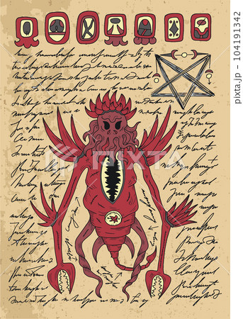 Vector Page with magic spells, demon and drawings from witch book on textured background. No foreign language, all symbols are fantasy. Esoteric, mystic and gothic concept, Halloween background Vector Page with magic spells, demon and drawings from witch book on textured background. No foreign language, all symbols are fantasy. Esoteric, mystic and gothic concept, Halloween background 104191342