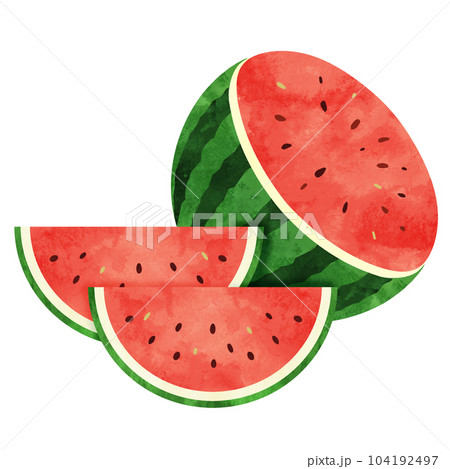スマイルカットしたスイカと半分に切ったスイカの水彩イラスト 104192497