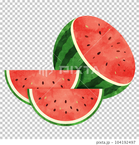 スマイルカットしたスイカと半分に切ったスイカの水彩イラスト 104192497