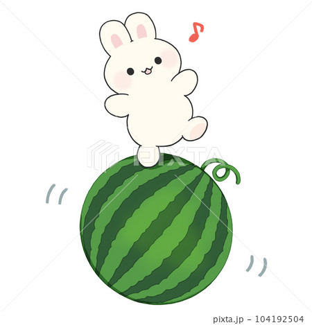 スイカで玉乗りをするウサギの手書きイラスト 104192504