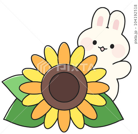 ひまわりの後ろから体を出すウサギの手書きイラスト 104192518